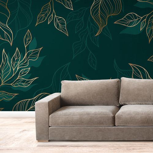 Mural Fondo Verde Hojas Doradas