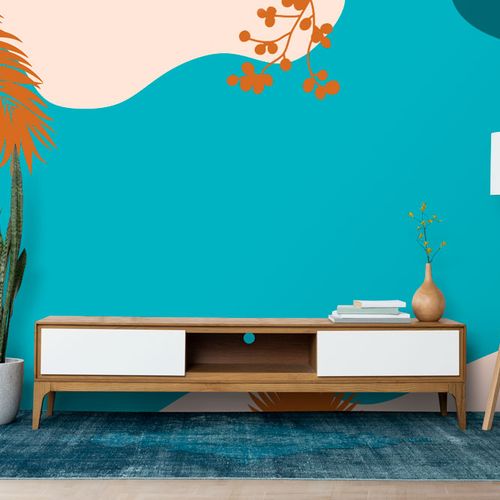 Mural Celeste Agua Y Hojas Naranja