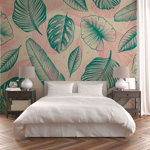 Mural Flores Verdes Y Rosa