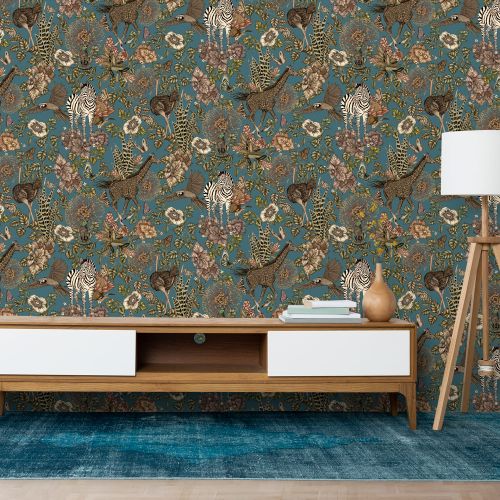 Mural Jirafa Y Cebras Azul