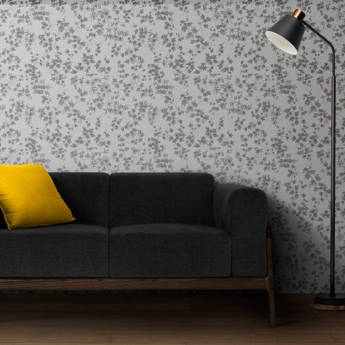 Mural Hojas Con Flores Blanco Gris