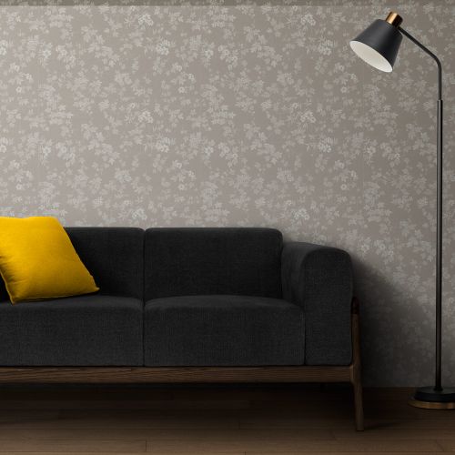 Mural Hojas Con Flores Gris Blanco