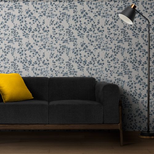 Mural Hojas Con Flores Blanco Azul