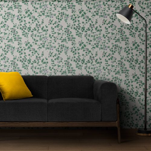 Mural Hojas Con Flores Blanco Verde