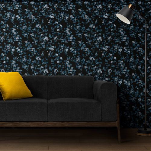 Mural Hojas Con Flores Negro Cyan