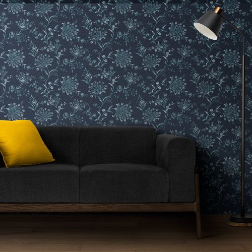 Mural Hojas Con Flores Azul