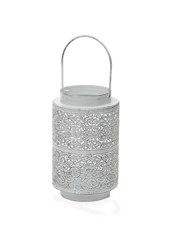 Fanal Portavela Calado Metalico Con Manija Blanco 12x21cm