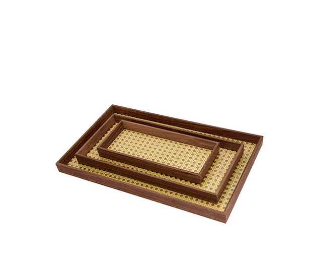 Set de 3 Bandejas de Madera con Fondo de Ratan