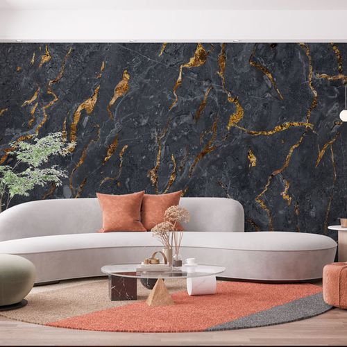[1163] Mural Negro Con Grietas Doradas