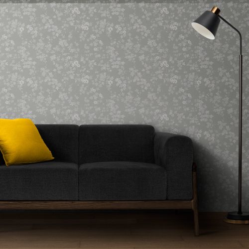 [1714] Mural Hojas Con Flores Gris