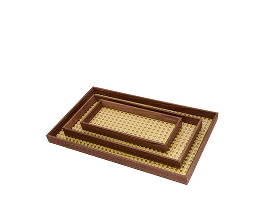 Set de 3 Bandejas de Madera con Fondo de Ratan