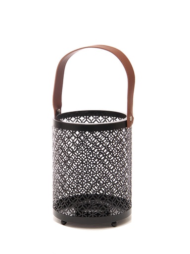 [EP1616] Fanal Portavela Calado Metalico Con Manija Ecocuero 20x16cm